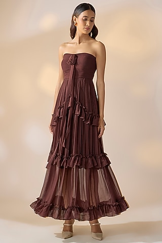 Brown Georgette Pleated Off-Shoulder Dress by Ewoke