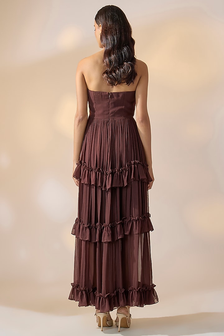 Brown Georgette Pleated Off-Shoulder Summer Dress by Ewoke at Pernia's Pop Up Shop