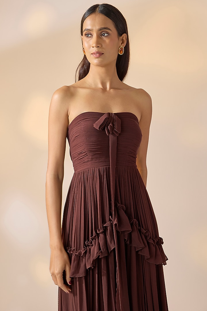 Brown Georgette Pleated Off-Shoulder Summer Dress by Ewoke at Pernia's Pop Up Shop