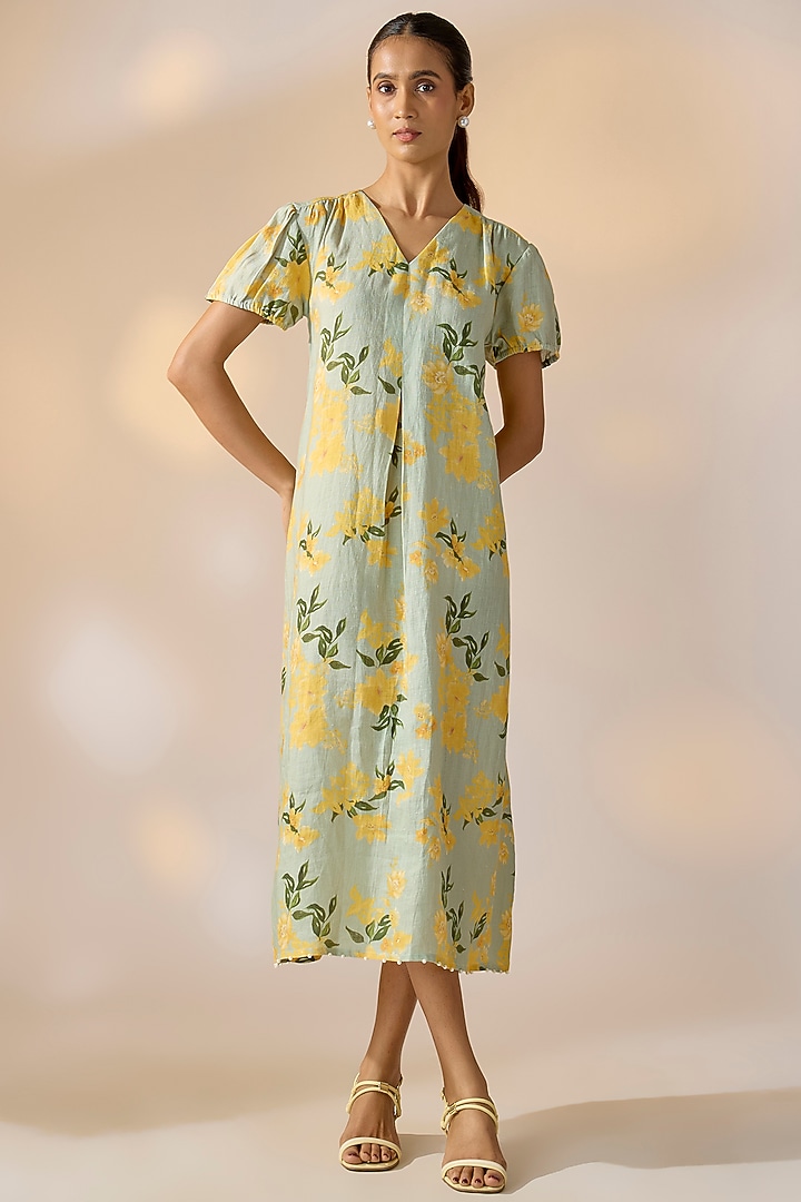 Green Pure Hemp Floral Summer Dress by Ewoke at Pernia's Pop Up Shop