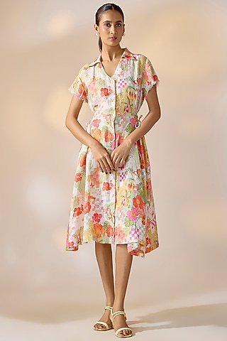 Off-White Pure Hemp Floral Printed Dress by Ewoke