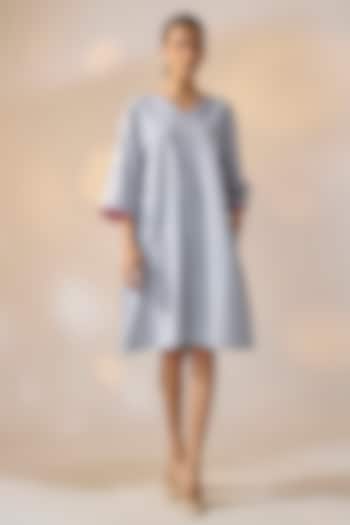 Blue Handwoven Khadi 3D Embroidered Shift Summer Dress by Ewoke at Pernia's Pop Up Shop