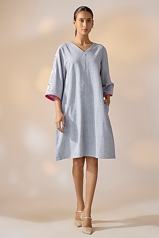 Blue Handwoven Khadi 3D Embroidered Shift Dress by Ewoke