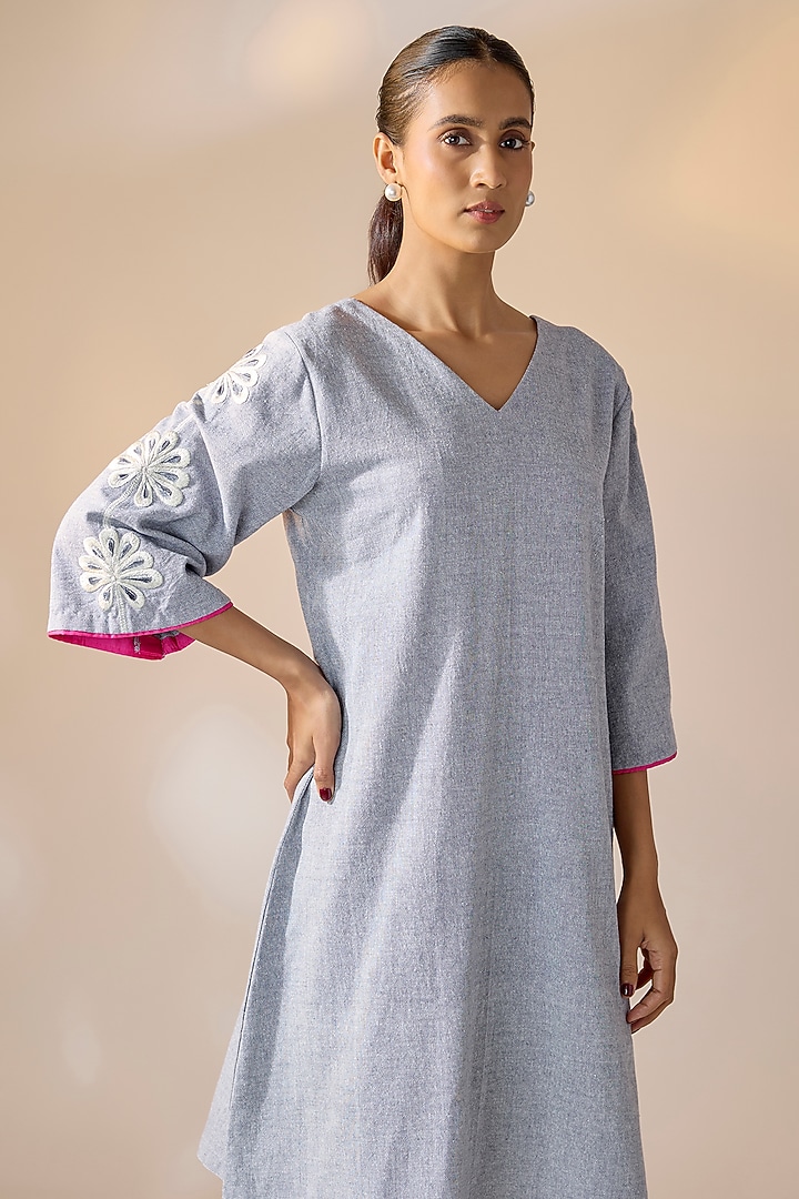 Blue Handwoven Khadi 3D Embroidered Shift Summer Dress by Ewoke at Pernia's Pop Up Shop