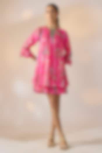 Pink Satin Georgette Abstract Printed Mini Summer Dress by Ewoke at Pernia's Pop Up Shop