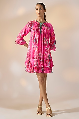 Pink Satin Georgette Abstract Printed Mini Dress by Ewoke