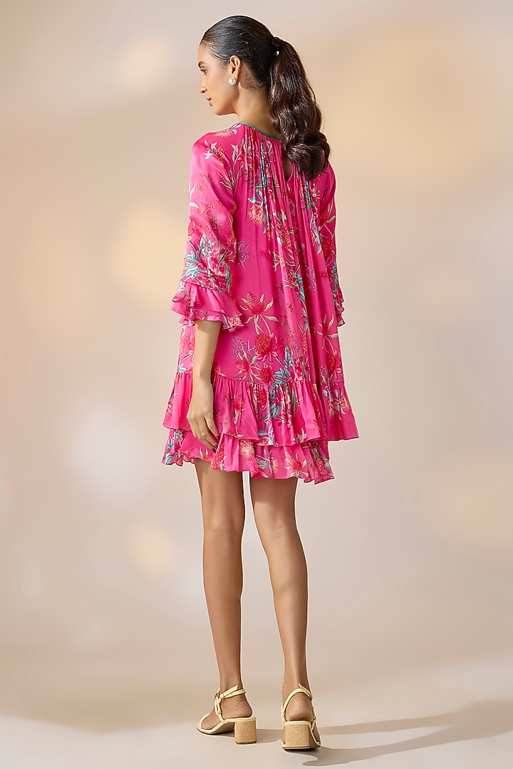 Pink Satin Georgette Abstract Printed Mini Summer Dress by Ewoke at Pernia's Pop Up Shop