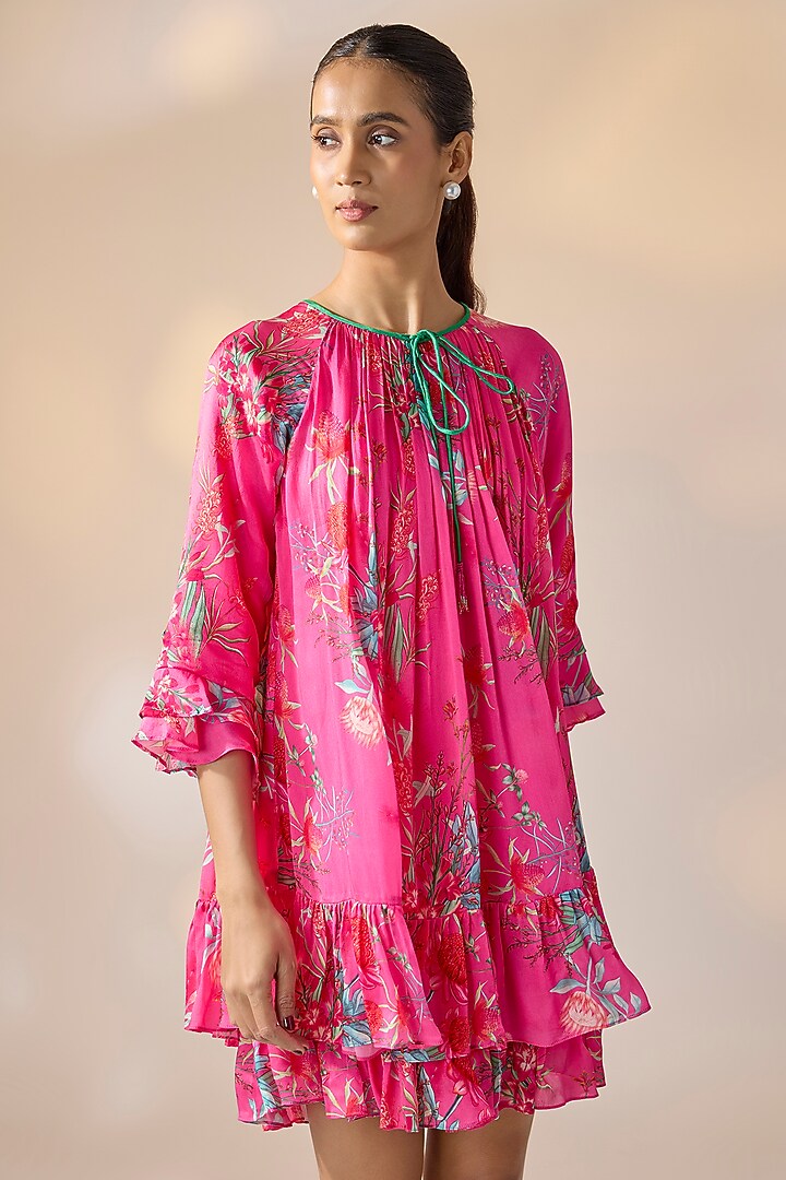 Pink Satin Georgette Abstract Printed Mini Summer Dress by Ewoke at Pernia's Pop Up Shop