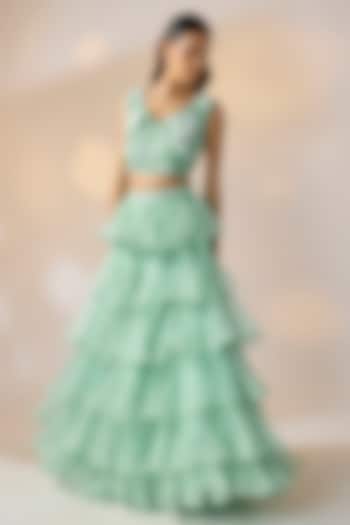 Blue Organza Ruffled Lehenga Set by Ewoke at Pernia's Pop Up Shop