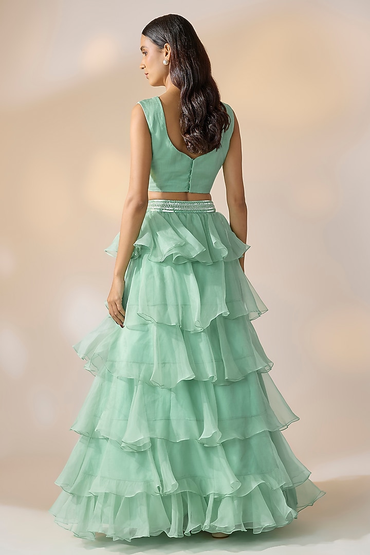 Blue Organza Ruffled Wedding Lehenga Set by Ewoke at Pernia's Pop Up Shop