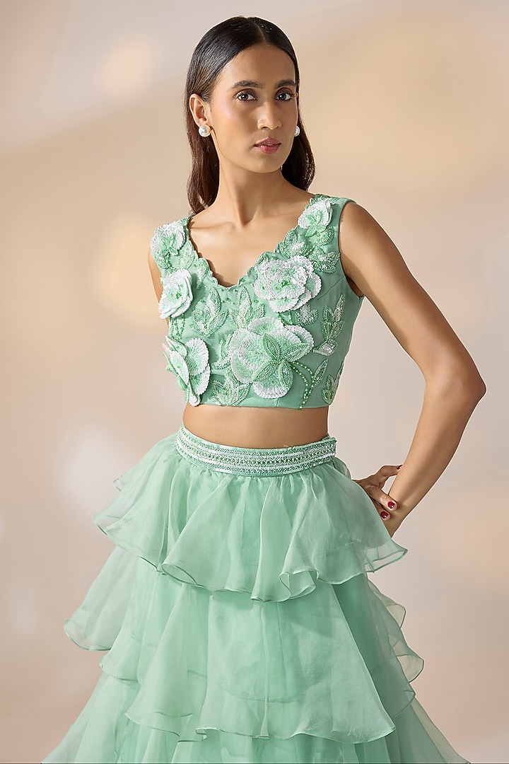 Blue Organza Ruffled Wedding Lehenga Set by Ewoke at Pernia's Pop Up Shop