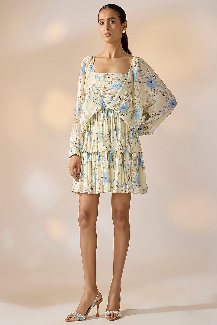 Beige Satin Georgette Floral Printed Mini Summer Dress by Ewoke at Pernia's Pop Up Shop