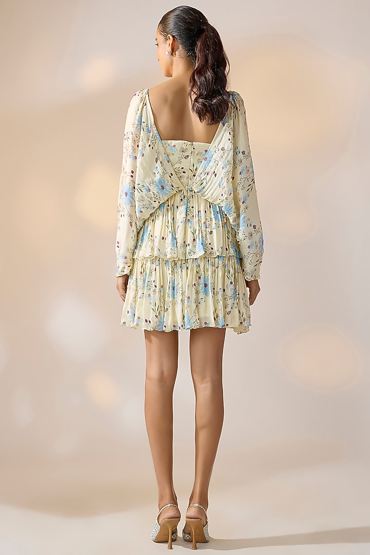 Beige Satin Georgette Floral Printed Mini Summer Dress by Ewoke at Pernia's Pop Up Shop
