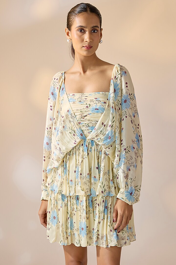 Beige Satin Georgette Floral Printed Mini Summer Dress by Ewoke at Pernia's Pop Up Shop