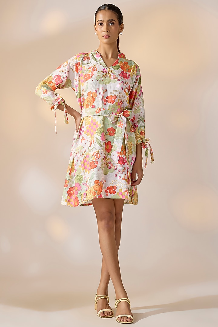 Off-White Pure Hemp Floral Printed Mini Summer Dress by Ewoke at Pernia's Pop Up Shop