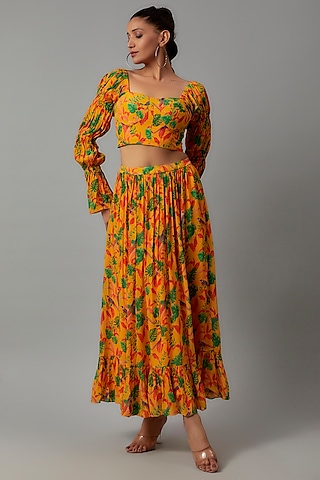 Yellow Crepe Floral Printed Skirt Set by Ewoke