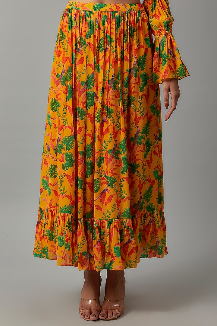 Yellow Crepe Floral Printed Skirt Set by Ewoke at Pernia's Pop Up Shop