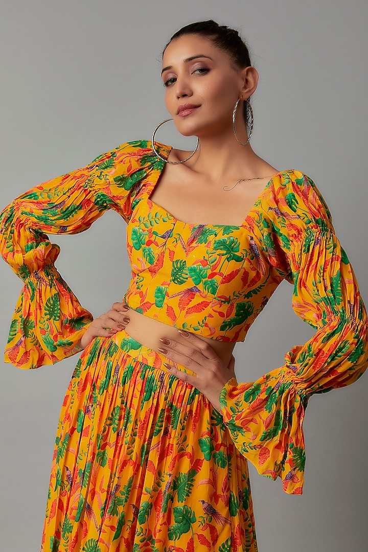Yellow Crepe Floral Printed Skirt Set by Ewoke at Pernia's Pop Up Shop