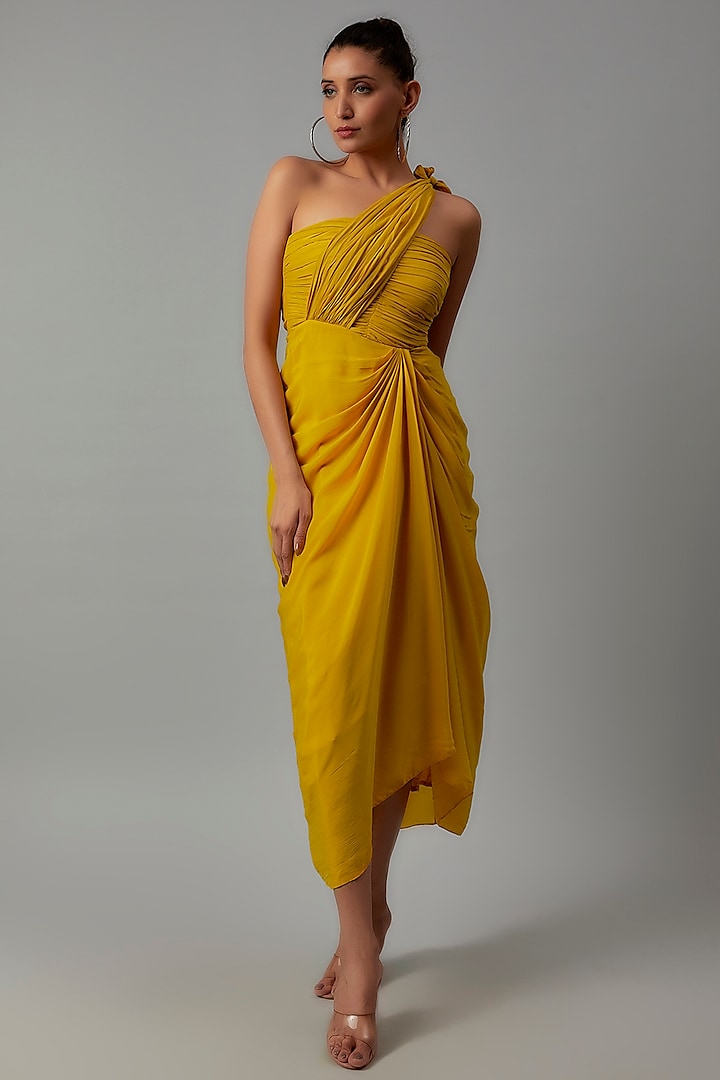 Yellow Crepe Draped Dress by Ewoke