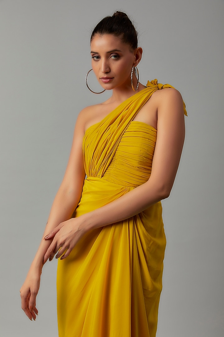 Yellow Crepe Draped Summer Dress by Ewoke at Pernia's Pop Up Shop
