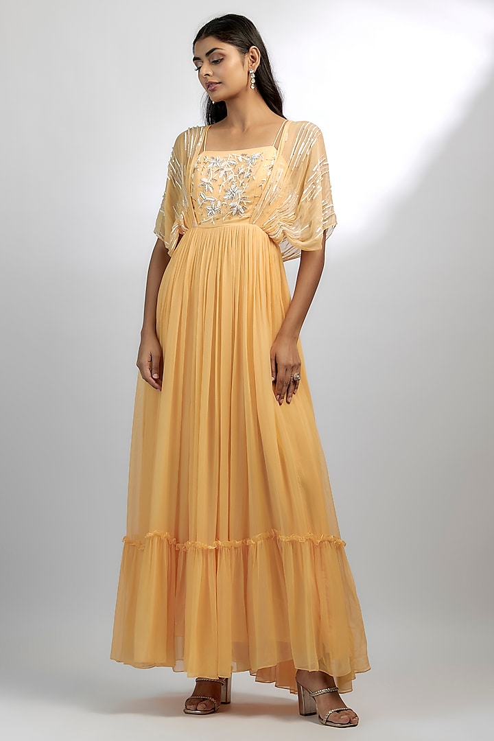 Mango Yellow Georgette Embroidered Gown by Ewoke