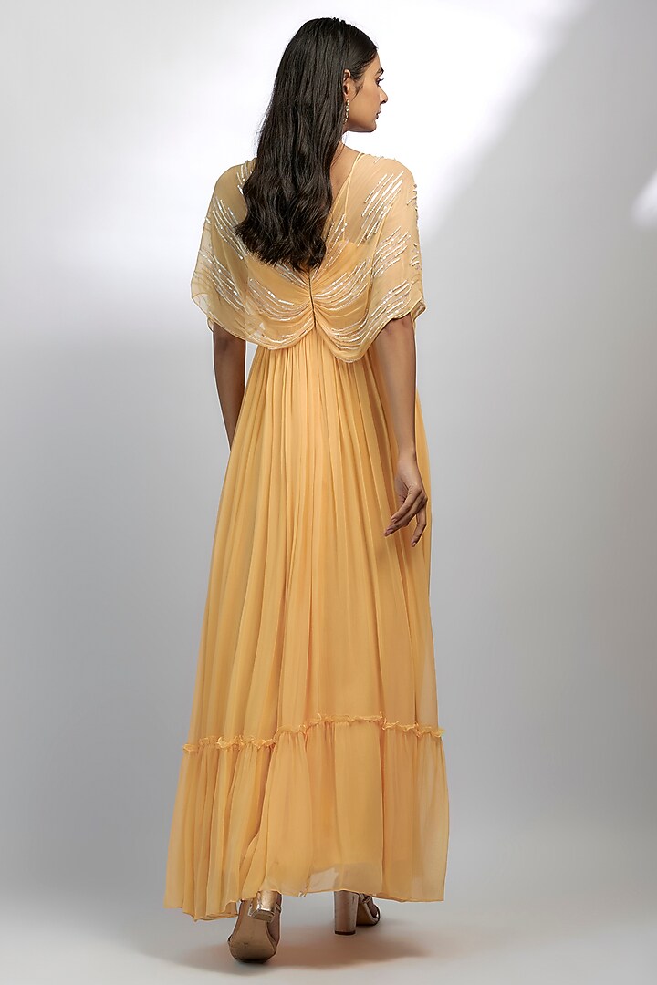 Mango Yellow Georgette Embroidered Party Wear Gown by Ewoke at Pernia's Pop Up Shop