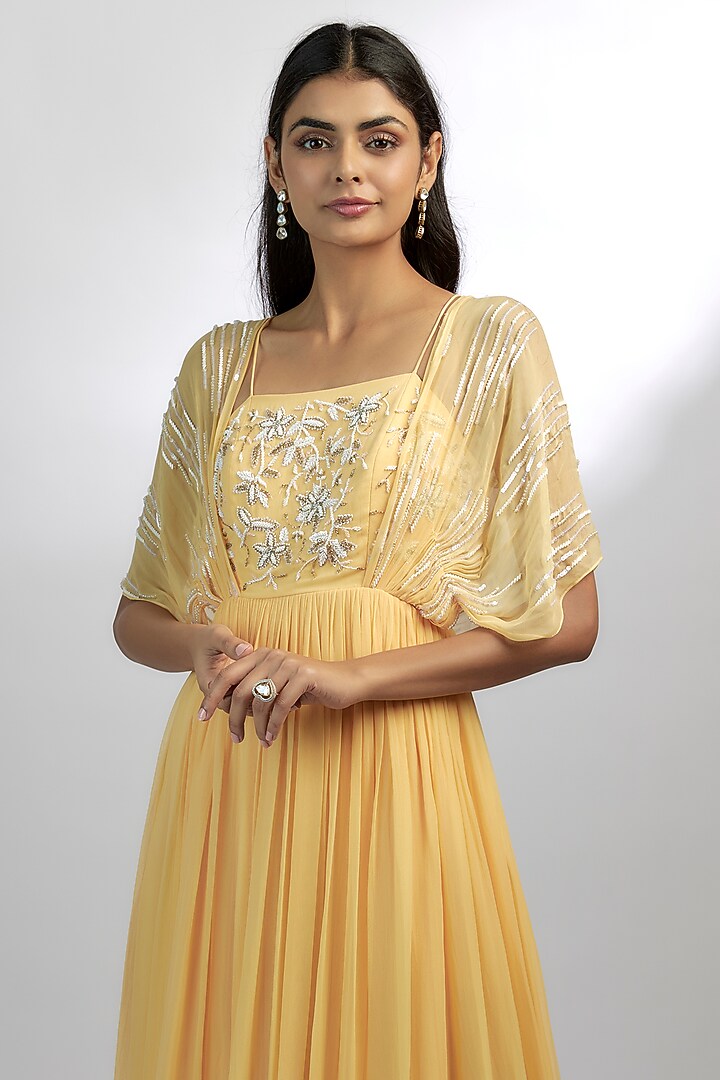 Mango Yellow Georgette Embroidered Party Wear Gown by Ewoke at Pernia's Pop Up Shop