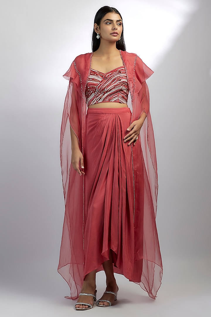 Maroon Crepe & Organza Draped Skirt Set by Ewoke at Pernia's Pop Up Shop