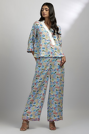 Ivory & Blue Hemp Embroidered & Printed Co-Ord Set by Ewoke at Pernia's Pop Up Shop