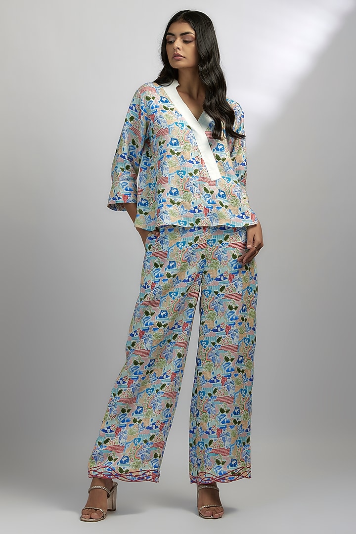 Ivory & Blue Hemp Embroidered & Printed Co-Ord Set by Ewoke at Pernia's Pop Up Shop