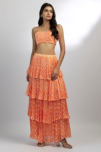 Orange Satin Chiffon Abstract Printed Tiered Skirt Set by Ewoke at Pernia's Pop Up Shop