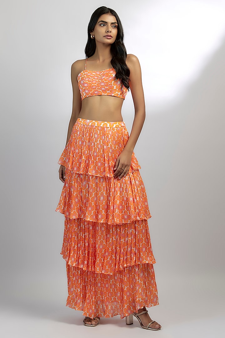 Orange Satin Chiffon Abstract Printed Tiered Skirt Set by Ewoke