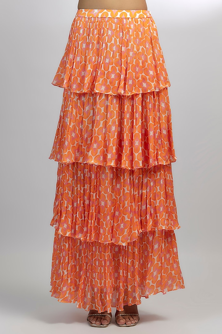 Orange Satin Chiffon Abstract Printed Tiered Skirt Set by Ewoke at Pernia's Pop Up Shop