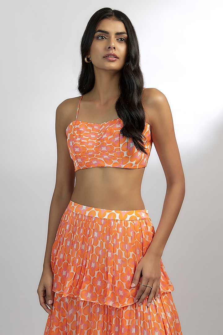 Orange Satin Chiffon Abstract Printed Tiered Skirt Set by Ewoke at Pernia's Pop Up Shop