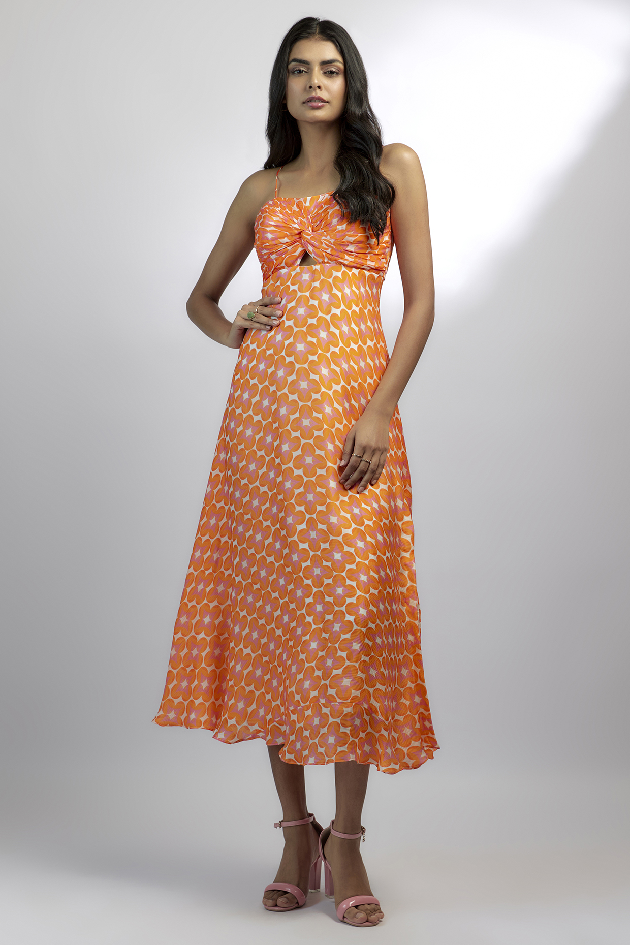 Orange Satin Chiffon Abstract Printed Midi Dress by Ewoke