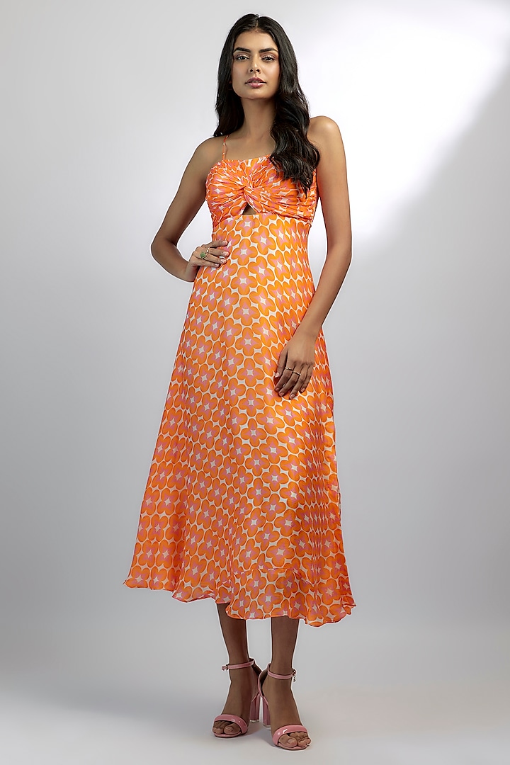 Orange Satin Chiffon Abstract Printed Midi Dress by Ewoke