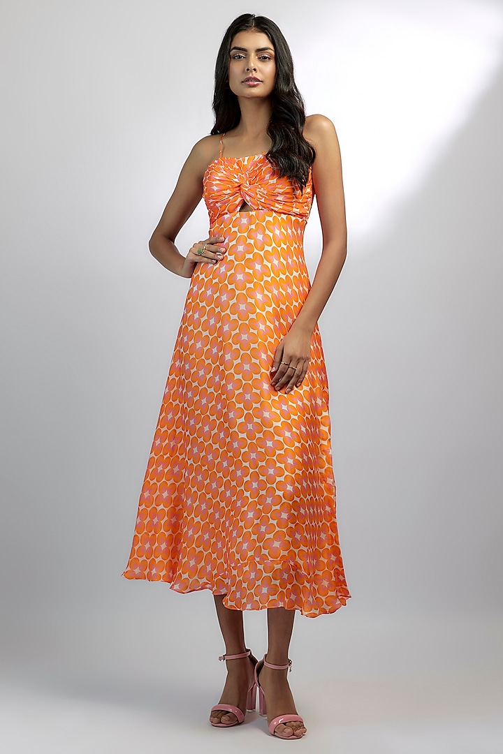 Orange Satin Chiffon Abstract Printed Midi Summer Dress by Ewoke at Pernia's Pop Up Shop