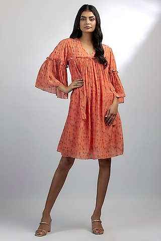Peach Crepe Floral Printed A-line Dress by Ewoke