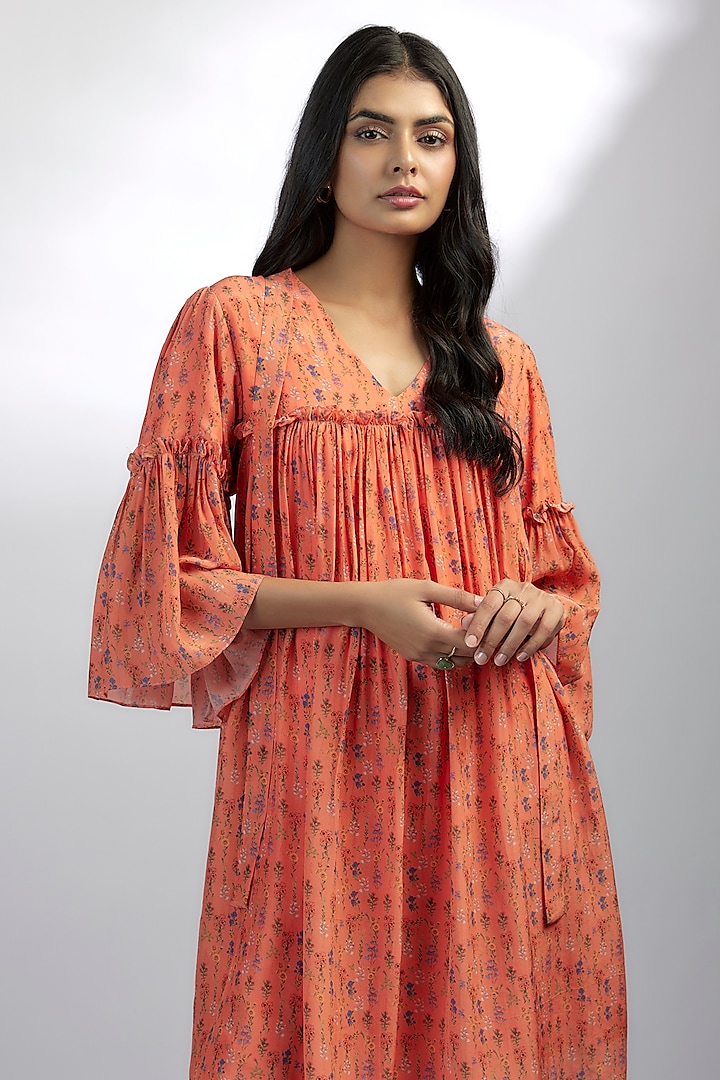 Peach Crepe Floral Printed A-line Summer Dress by Ewoke at Pernia's Pop Up Shop
