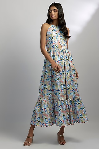 Ivory Hemp Abstract Printed Overlapped Dress by Ewoke