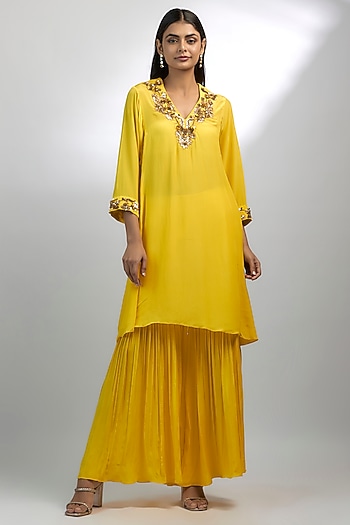 Yellow Crepe Pleated Party Wear Sharara Set by Ewoke at Pernia's Pop Up Shop