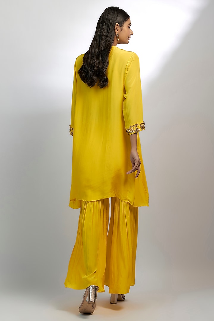Yellow Crepe Pleated Party Wear Sharara Set by Ewoke at Pernia's Pop Up Shop