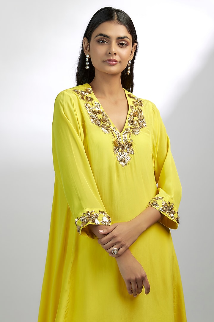 Yellow Crepe Pleated Party Wear Sharara Set by Ewoke at Pernia's Pop Up Shop