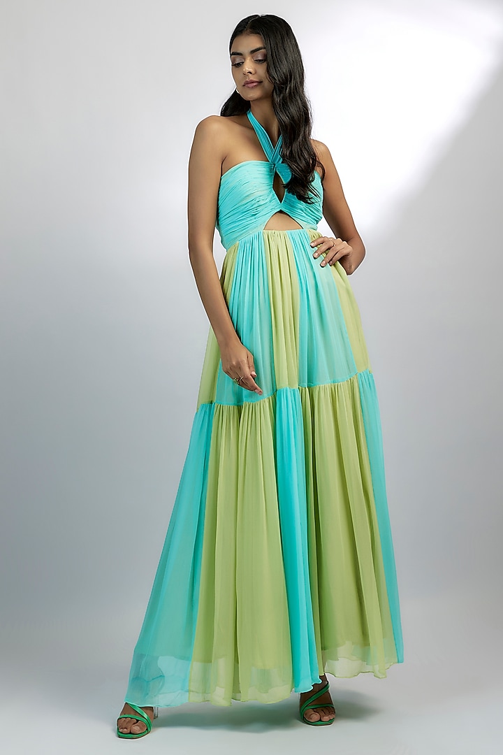 Multi-Colored Georgette Shaded Gown by Ewoke
