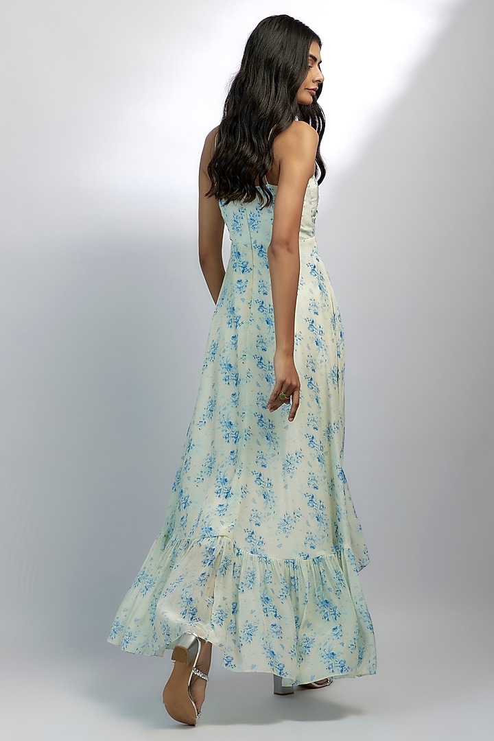 Ivory Crepe Floral Printed & Bead Embroidered Ruffled Summer Dress by Ewoke at Pernia's Pop Up Shop