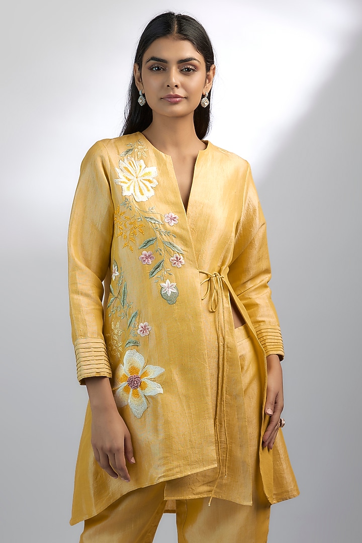 Yellow Khadi Tencel Embroidered Co-Ord Set by Ewoke at Pernia's Pop Up Shop