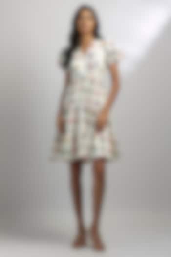 White Seersucker & Bamboo Printed Mini Dress by Ewoke