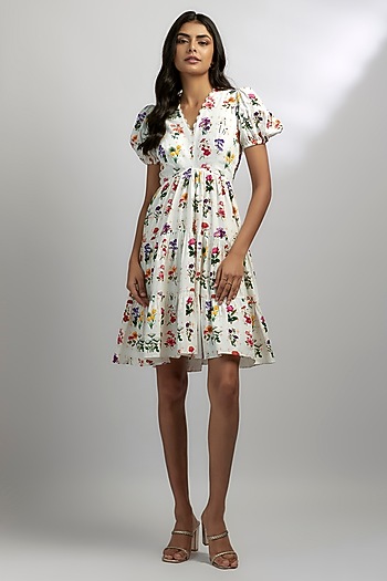 White Seersucker & Bamboo Printed Mini Summer Dress by Ewoke at Pernia's Pop Up Shop