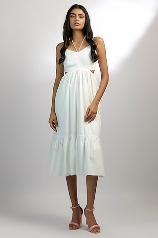 White Seersucker & Bamboo Midi Dress by Ewoke