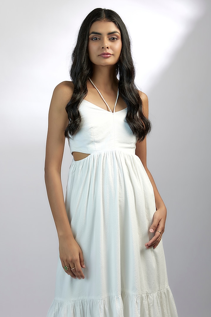 White Seersucker & Bamboo Midi Summer Dress by Ewoke at Pernia's Pop Up Shop